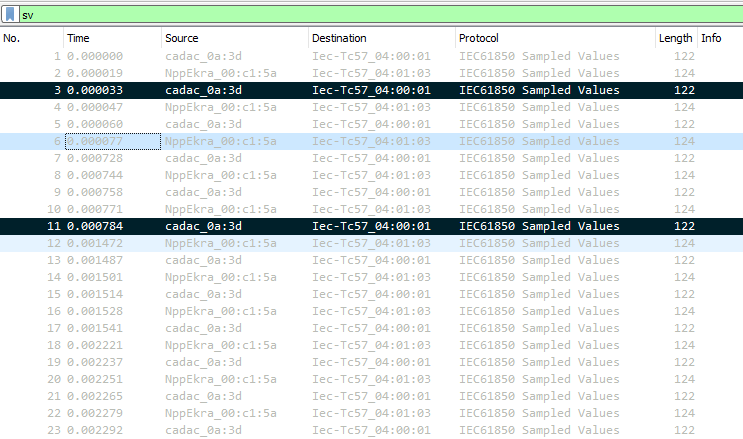 Fotogramas marcados en Wireshark mostrados con fondo negro